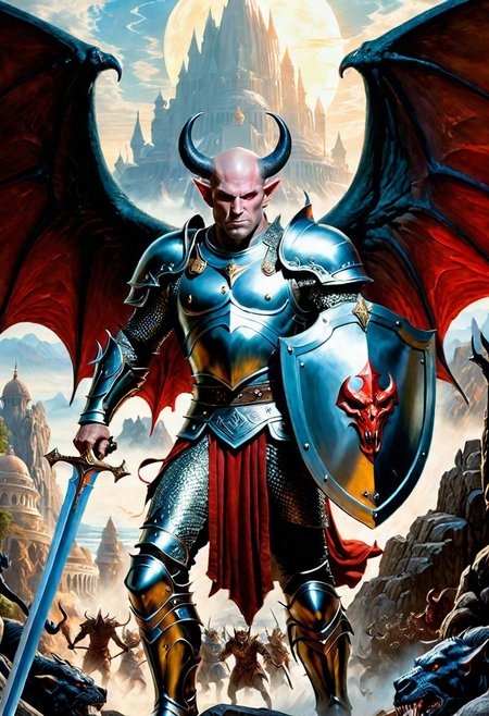 A hyperrealistic 8k photograph was captured by Sid Avery's Hasselblad camera, depicting close-up a handsome+ Tiefling shield bearer with pink+++ skin and slender build during a battle+++, surrounded by demons+, He has a bald head, yellow eyes, calm+ and handsome+ and detailed+ face, He is dressed in a renaissance plate armour, high details and era-appropriate, He is wielding a Backsword+ in the right hand, and he is holding a steel shield+++ in the left hand, the character has large demonic wings+++, Backdrop (background) of a focused scene of a battle++ with demons+ next to a white-marble+ palace+, Mysterious composition, imbued with an ambient 3d warm studio backlight, Lovecraftian Horror-themed, in the artistic style of Boris Vallejo++,