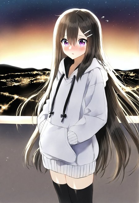<lora:penta1_noob1.1-000139:0.9>,
1girl, long hair, purple eyes, hair ornament, hood, blush, thighhighs, hairclip, solo, hair between eyes, hoodie, black thighhighs, outdoors, drawstring, very long hair, night, hood down, parted lips, white hoodie, looking at viewer, star \(sky\), sky, long sleeves, starry sky, brown hair, night sky, hands in pockets, black hair, flying sweatdrops, nose blush,
masterpiece,best quality,newest,absurdres,highres,very awa,