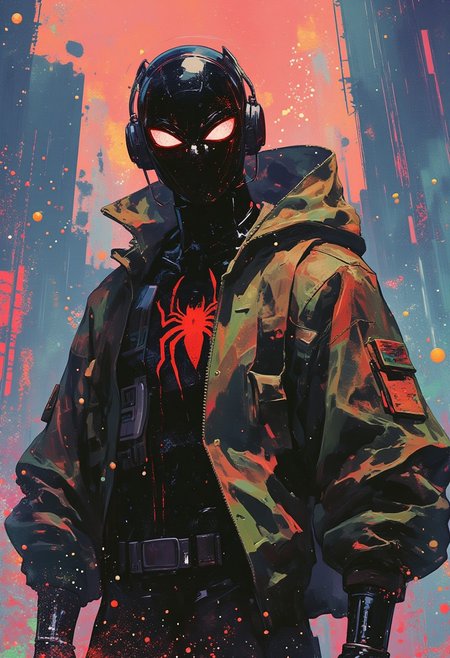 A highly detailed digital illustration, HD, 8K quality, ultra-detailed, masterpiece artwork, presents a midshot of a male superhero in a cyberpunk-inspired Spider-Man suit, exuding futuristic grit and edgy style. His iconic red and black suit is reimagined with glowing neon circuits, reinforced armor plating, and mechanical web shooters, all intricately detailed for a high-tech look. Draped over his frame is an oversized dark green bomber jacket streaked with chaotic neon stripes of toxic pink, electric blue, and radioactive yellow, creating a rebellious, urban aesthetic. The jacket features utility straps and patches, adding a rugged, battle-ready vibe. Partially open, it reveals a glowing red spider emblem on his chest, sharply contrasting against the sleek cyber-enhanced suit. His black mask, detailed with luminous red webbing patterns and expressive glowing eyes, amplifies his commanding, cyberpunk persona. The background showcases surreal, irregular patterns of interconnected dots and lines, inspired by the abstract complexity of Vasily Kandinsky’s *Composition VIII*, reinterpreted with neon hues and cybernetic precision. These patterns pulse with energy, blending electric greens, reds, and yellows into a dynamic visual rhythm. Dramatic lighting casts bold highlights and shadows, emphasizing the textures and intricate details of his suit and jacket, immersing the viewer in a visually striking, cyberpunk narrative.