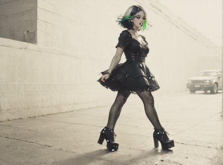 score_9, score_8_up, score_7_up, character in profile, walking, looking at surroundings, woman, pale skin, large breasts, <lora:sm0k3XLP:1>, <lora:goth_clothes:1>, goth dress, gothic, black dress, detailed dress, black high heeled shoes, neon hair color, two tone hair, <lora:Our_Muted_Future_Style:1>, <lora:Urban_Liminal_Underground_Construction_Style_Background:1>,