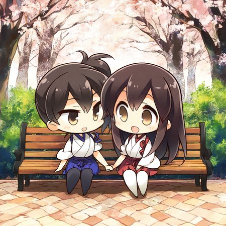 (masterpiece, best quality, highres, absurdres, very detailed, very aesthetic:1.22), (detailed eyes), chibi, akagi \(kancolle\), kaga \(kancolle\), 2girls, :d, full body, holding hands, detailed scenery, park bench,  <lora:komowata_haruka_ct15v_1-04:1>