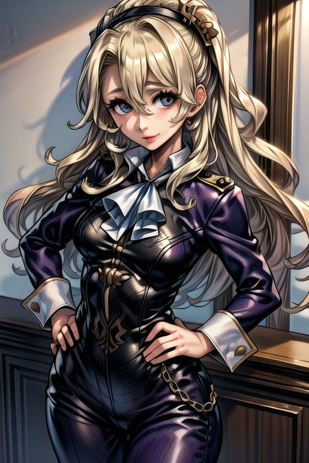 masterpiece, Lily Kokoschka , best quality, best quality, ultra-detailed, highres,sharp focus,(ultra detailed,extremely detailed), 1girl,(masterpiece, best quality), LilyKOKOSCHKA, 1girl, solo, long hair, small breasts, blonde hair, hair between eyes, uniform, ascot, wavy hair, eyes visible through hair, white ascot, riding pants, hungry clicker, Hands on Hips,