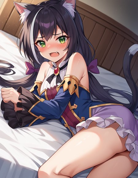 score_9, score_8_up, score_7_up, source_anime,
princessconnectkaryl, <lora:princess-connect-karyl-ponyxl-lora-nochekaiser:1>
karyl, animal ear fluff, animal ears, black hair, black ribbon, cat ears, cat girl, cat tail, fang, green eyes, hair bow, long hair, low twintails, multicolored hair, purple bow, ribbon, skin fang, streaked hair, tail, twintails, vertical stripes, white hair,
arm support, blue sleeves, bow, brooch, detached sleeves, dress, frilled sleeves, frills, multicolored clothes, multicolored dress, neck ribbon, sleeveless, sleeveless dress, striped,
indoors, bed, bed room, on side, blush, drunk,
looking at viewer, dutch angle, cowboy shot