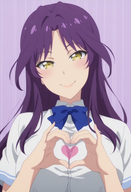 anime screencap, anime coloring,   <lora:DX888Kyou:1> goshouin kyou, yellow eyes, purple hair, very long hair, parted bangs BREAK  school uniform, white shirt, blue bowtie, plaid skirt, blue skirt BREAK simple background, purple background,  striped background, BREAK 1girl, blush, breasts,  hands up, (head tilt:1.2), heart hands, looking at viewer, portrait, solo, upper body,  4-finger heart hands, smile
