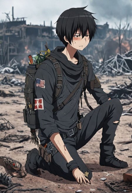 high resolution, solo, best quality, 1Boy, Kanie Seiya, Black Hair, shallow depth of field, Post-Apocalyptic, survival, OverallDetail