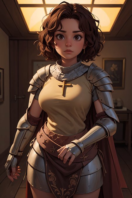 (masterpiece, best quality, highres, high resolution:1.2), extremely detailed, intricate details, 1girl, solo, looking at viewer, clamLena, <lora:clamLena:0.6>,  <lora:attire_ro_knight-16:0.85>, ragnarokknight, armor, breastplate, cross, pauldrons, cape, gauntlets, chainmail, short hair, curly hair, afro, brown hair, brown eyes, <lora:weight_slider_v2:0.65> (cinematic lighting, bloom, volumetric),