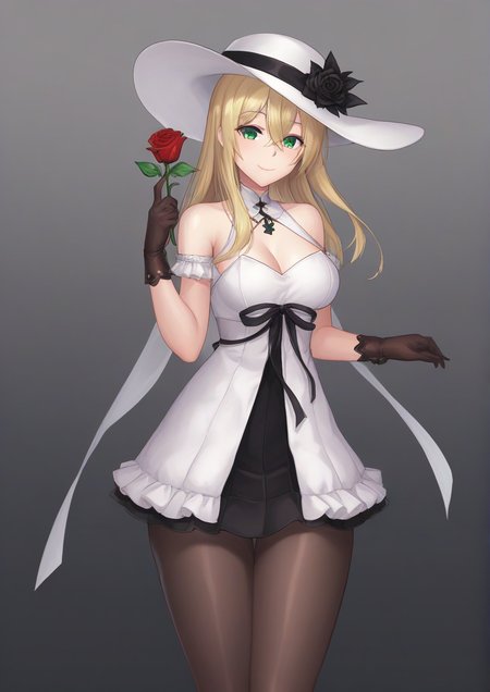 1girl, sakurai momoka, furry female, bare shoulders, black flower, black rose, black skirt, blonde hair, brown gloves, brown pantyhose, closed mouth, dress, flower, gloves, green eyes, hair between eyes, hat, hat flower, holding, holding flower, looking at viewer, pantyhose, petals, rose, skirt, smile, solo, white dress, white flower, white headwear, white rose<lora:weni:1>