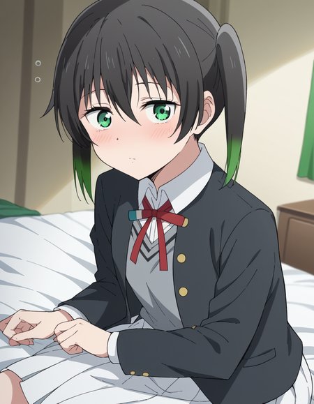 score_9, score_8_up, score_7_up, source_anime, <lora:yuu-takasaki-s2-ponyxl-lora-nochekaiser:1>, yuu takasaki, bangs, black hair, hair between eyes, twintails, green eyes, multicolored hair, green hair, medium hair, two-tone hair, gradient hair,, skirt, long sleeves, school uniform, jacket, red ribbon, black jacket, blazer, nijigasaki academy school uniform, white skirt,, indoors, bed, bed room, on side, blush, drunk, looking at viewer, solo,, cowboy shot, dutch angle