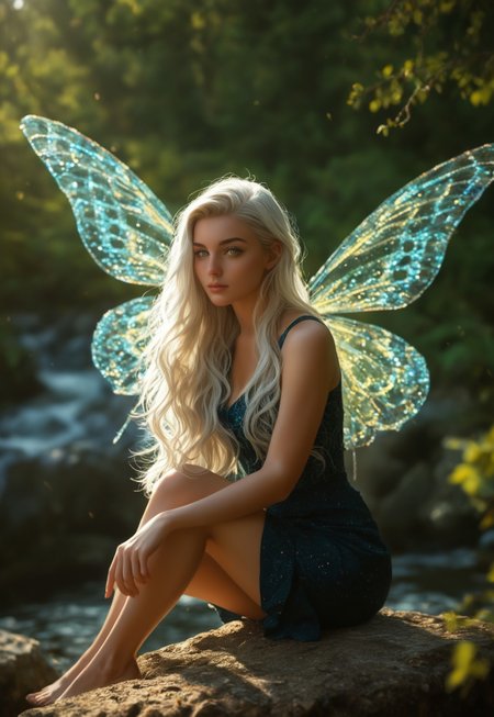 score_7_up, (photorealism:1.5) female, sitting on a rock, 3 magical butterflies flowing around her, reflective expression, gazing at a majestic tree, calm coastal village in the background, soft lighting, vibrant colors, high contrast, hyper-realistic, serene pose, detailed, high-definition, peaceful mood, contemplative atmosphere, slight freckles, long eyelashes, long white hair, glowing purple eyes, raised knee

Background: A serene coastal village nestled between lush green hills and a sparkling blue sea. Rustic wooden houses and vibrant gardens blend with smoke rising from chimneys. A majestic tree stands tall, its branches stretching out. Soft, golden sunlight highlights the tranquil beauty.

The woman sits on a moss-covered rock, her posture relaxed yet contemplative. Her long white hair flows gently, catching the light. Glowing purple eyes gaze at the tree, reflecting wonder. Three magical butterflies with iridescent wings flutter around her. Slight freckles and long eyelashes add natural beauty. Her raised knee and serene pose convey peace.

(8K UHD:1.4).
(((full-clothed))),
 <lora:add-detail-xl:1>
 <lora:Dynamic Poses:1>