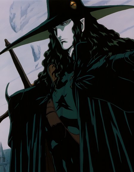 best quality, highres, absurdres, (traditional media, refined digital media \(artwork\):0.6),  masterpiece, anime screenshot, 1990s (style),
(artist: sabu \(sabudenego\):0.6),universal portrait, angle, dynamic, perspective, solo,
d \(vampire hunter d\), pale skin,1boy, male focus, hat, pointy ears, black hair, long hair,  sword, upper body, dark theme, outdoors, shirt,  <lora:Vampire Hunter D Illustrious-step00000700:0.9>