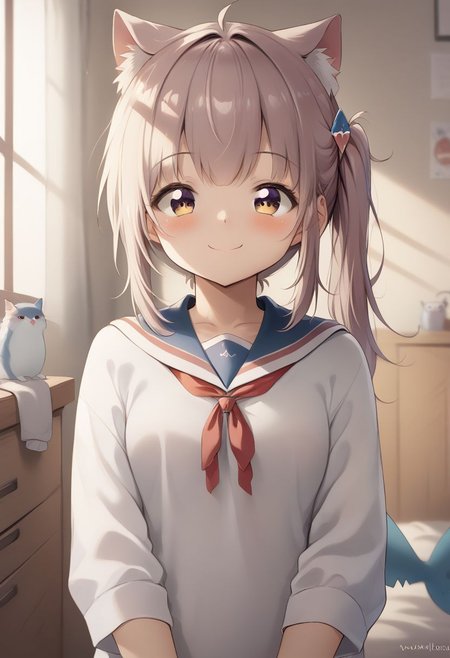 gawr gura, 1girl, shark tail, gawr gura, cat ears, side ponytail, upper body, smile, blush, closed mouth, score_9, score_8_up, score_7_up, source_anime, masterpiece, best quality, highly detailed background, cinematic lighting, detailed eyes, perfect face,, lazy, teenager room, messy, bedroom, bed sheet, closet, cardigan, school_uniform, mole_under_eye, black_thighhigh