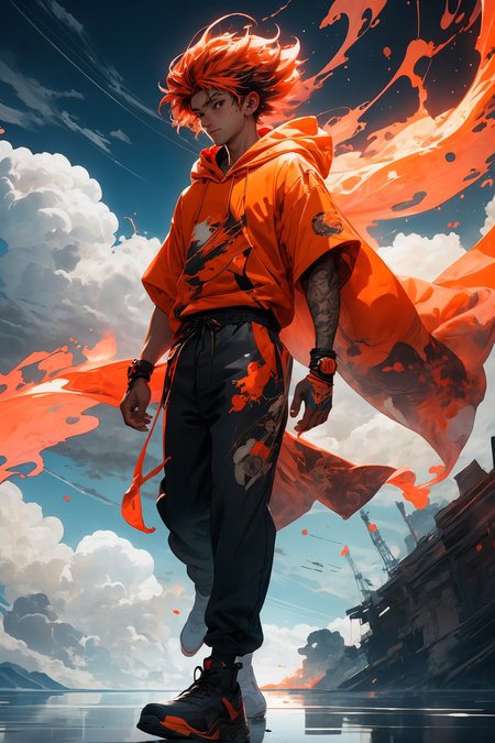 masterpiece, best quality, 1boy, skinny, intricate detail, flame headwear, headphones, brown eyes, feet out of frame, wind, floating hair, flame, gloves, Orange hoodie with flame print, anime screencap, aura,
<lora:more_details:0.4>
 <lora:Cosmic anime-oil fusion v2:0.4> 
<lora:AnimeVibesV3:0.25> animevibes, 
<lora:3DMM_V11:0.5> 3DMM 
<lora:midjourney_20230624181825:0.4> midjourney ,
 <lora:LAS:0.25> colorful, clouds, 
<lora:msw_locon-t2:0.45>
 <lora:wuxia2:0.5> gu, shiny, shiny hair, shiny skin, shiny clothes