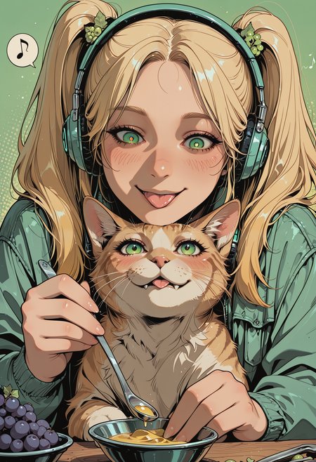 embedding:IllusP0s, codex sss chroma
 1girl, solo, close-up, blush, smile, tongue_out, blonde_hair, twintails, long_sleeves, green_eyes, gradient_eyes, eye_reflection, eyelashes, big_eyes, hair_ornament, cat_ear_headphones, jacket, open_jacket, grapes, spoon, holding_spoon, musical_note, eighth_note, spoken_musical_note, green_background