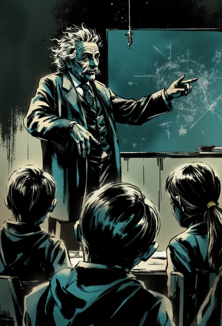 <lora:Yoji_Shinkawa_Style_FLUX-000012:0.9>
This is a digital illustration in a manga-inspired, dark, and gritty yshinkawa style. The artwork features   Albert Einstein teaching in front of a chalkboard in a classroom full of students