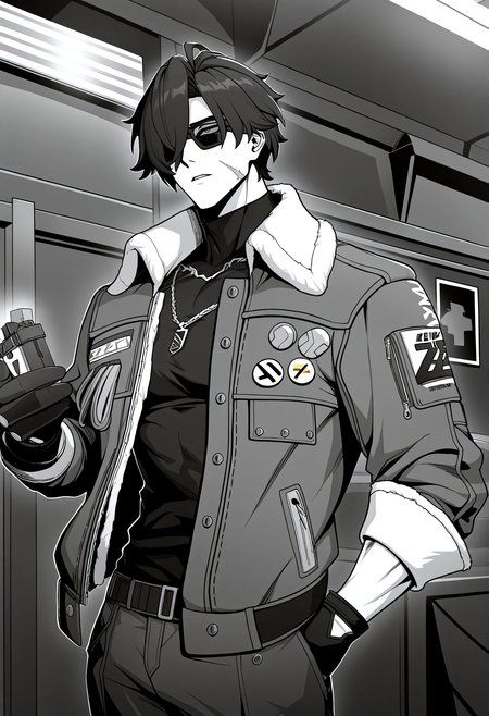 very awa, masterpiece, best quality, year 2024, newest, highres, absurdres, <lora:age_slider_v4:3> <lora:thicc_v1.4-pony:1.2>,detailed_background,indoors,jacket,short hair,parted lips,highres,hair over one eye,monochrome,aki 00,hand in pocket,gloves,sunglasses,looking ahead,cowboy shot,greyscale,zenless zone zero,standing,scar,solo,male focus,1boy,lighter \(zenless zone zero\)