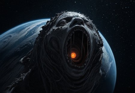 masterpiece, ultra realistic, ultra detailed, horror theme, dark theme, a massive ab0m cosmic horror swallowing a space station, glowing eyes, inwytk01illus, b1ue, r1d, b1ack, mu1ti