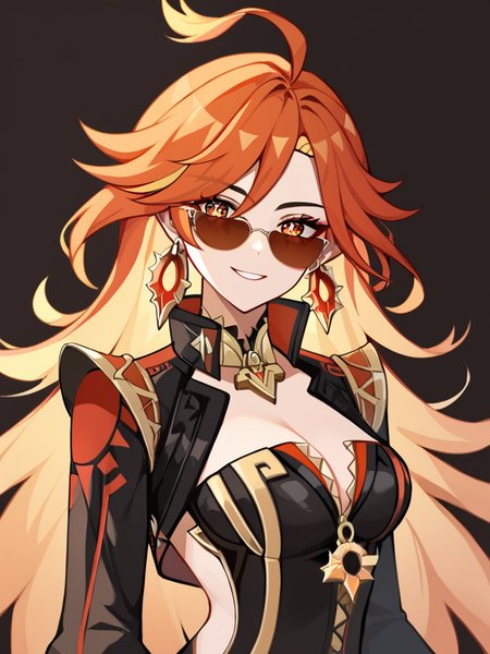 score_9,score_8_up,score_7_up,    <lora:mavuika_(genshin_impact):1>ï¼1girl, ahoge, black bikesuit, cleavage, head tilt, highres, looking at viewer, mavuika (genshin impact), orange eyes, orange hair, orange pupils, simple background, smile, solo, sun earrings, sunburst iris, sunglasses, two-tone eyes, two-tone hair, very long hair, white background