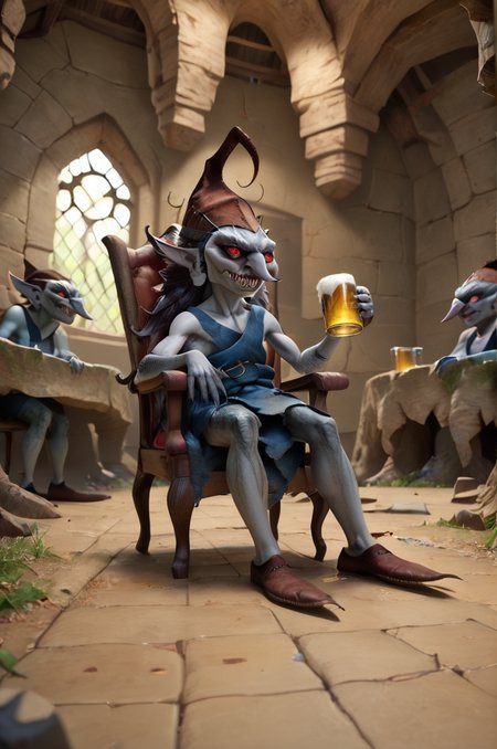 score_9, score_8_up, score_7_up, (goblin_xv, daemon), gray skin, detailed skin, red eyes, glowing eyes, detailed eyes, pointed ears, pointed nose, fingernails, hat, brown hat, rags, blue rags, shoes, brown shoes, pointed shoes, fingernails, <lora:FF_GoblinPony09:0.8>, indoors, cave, sitting on chair, holding beer, looking drunken, zPDXL2, zPDXLpg, zPDXLrl, shaded, best quality, highly detailed, extreme detail, photorealistic