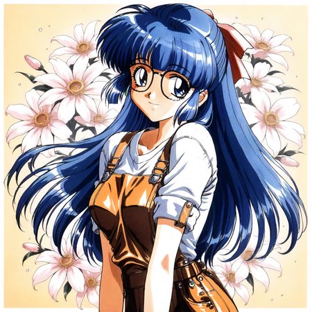 <lora:RC_maria_custardXLanimagine001>,
masterpiece,high score,great score,absurdres,
flower background,glitter,
smile,
looking at viewer,
solo,
anime coloring,retro artstyle,1990s (style),
maria_custard\(rance_series\),1girl,blue hair,half updo,hair ribbon,long hair,blue eyes,glasses,
cowboy shot,standing,
overalls,