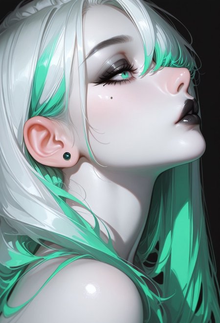 masterpiece, best quality, good quality, very aesthetic, absurdres, newest, 1girl, solo, longhair, side profile,neon green colour hair, long hair, hair over one eye, fingernails, eyelashes, full lips, mole under eye, Pale white skin, makeup, half-open eyes, portrait, lipstick, close up, nose, stud earrings, black lips, mascara, realistic, Cinematic Lighting, bare shoulder, solemn look, oled black background, strong shadows