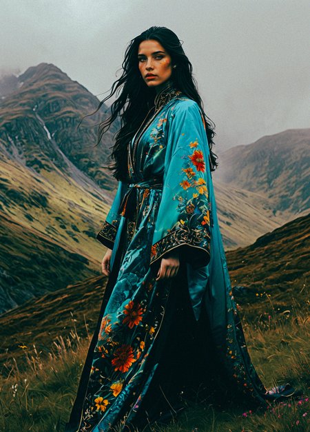(simple cartoon sketch:1.55)
young woman, 23yo, full body shot, detailed face, highly detailed,
1girl, masterpiece, best quality, long hair, dark hair, pale skin, cute face, dark hair, light eyes
1girl, adult, alluring, dark fantasy, European landscape, 
A hyper-realistic anime woman in a flowing robe adorned with intricate multicolored floral patterns, (florescent floral patterns:1.35) on robes, glowing vividly with hues of sapphire blue, emerald green, ruby red, golden yellow, and amethyst purple. Each flower features thick, luminous outlines matching its color, creating a mesmerizing contrast against the robeâs dark crimson and black base. The high collar and sweeping train remain intact, now radiating with a magical, dynamic vibrancy. Her partially pulled-back hood frames her determined face, illuminated softly by the glow of the multicolored floral designs. She strides through a dramatic Scottish Highlands backdrop, rendered in photographic realism with rolling mist and jagged mountain peaks. (The cool greens and grays of the misty terrain enhance the warmth and brilliance of the glowing patterns.:1.15) (The lighting is cinematic, with overcast skies casting a diffused, ethereal glow, while the floral patterns emit a faint, magical light.:1.2) HD quality, R-ESRGAN 4x+, cinematic depth of field, dynamic contrast. <lora:Elegence_Niji:0.54> <lora:Purple_Grace_v2:0.75> <lora:HyperdetailedColoredPencilIlustrious:0.5> <lora:mot_wwm:0.51> <lora:fenn_neoncolor:0.47>