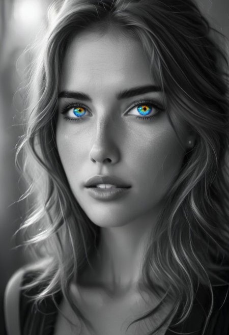 Masterpiece, realistic picture, thoughtful woman, black and white face tones,. professional advert photography, Rainbowiridal eyes