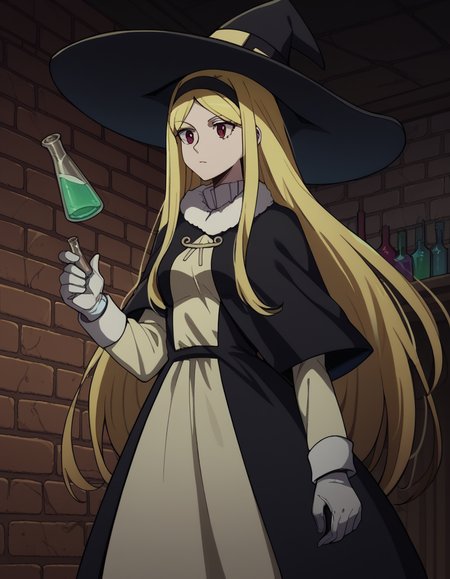 score_9, score_8_up, score_7_up, source_anime, <lora:elizabeth-greenhough-smith-s1-ponyxl-lora-nochekaiser:1>, elizabeth greenhough smith, long hair, blonde hair, red eyes, very long hair, hairband, parted bangs, black hairband, medium breasts,, <lora:wizard-ponyxl-lora-nochekaiser:1>, wizard, wizard hat, robe, dress, long sleeves, gloves,, indoors, bricks, potion, flask, vial,, cowboy shot,, , dutch angle, cowboy shot