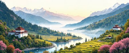 Tranquil watercolor rendering of a serene Bhutanese valley at dawn, where ancient Buddhist prayer flags flutter gently across terraced rice fields nestled between towering Himalayan peaks. Morning mist curls between emerald-green mountainsides dotted with traditional dzong fortresses, their white walls and red-banded roofs gleaming in the golden early light. Flowering rhododendron forests create splashes of vibrant pink and red against the verdant landscape. A winding mountain stream reflects the soft pastel sky while distant snow-capped summits rise majestically above the scene. Small groups of native blue sheep graze peacefully on distant slopes. The atmospheric perspective captures layers of mountains fading into bluish haze, creating profound depth. Hyper-detailed 8K resolution showcasing the interplay of light and shadow across the textured landscape, with delicate brushwork highlighting the traditional Bhutanese architectural elements seamlessly integrated with the natural environment. <lora:MushyFunk:0.6> <lora:FluxDFaeTasticDetails:0.2> <lora:RM_Artistify_v1.0M:0.3> <lora:ç»ªå¿ CGé£æ»¤éFLUX:0.6> <lora:é»è²å¹»æ³_1.0:0.2> <lora:flux_dev:1>