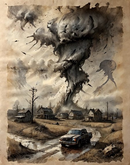 excellent details and textures, intricate details, high-definition, depht of field, realistic depiction of dim light and shadow, ultra realistic, ultra high res 
<lora:MJ52:0.8> <lora:ParchartXL_CODA:1>
ink splashes, ink spots, ink smears, on parchment with scratches & holes,
An elaborately detailed illustration about an tornado on tattered paper