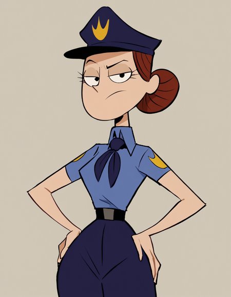 <lora:FostersMallcoppony:1> mall cop, 1girl, brown hair, hair bun, solo, uniform,necktie, single hair bun, looking at viewer, hand on own hip, standing,simple background,, score_9, score_8_up, score_7_up, score_6_up, score_5_up, score_4_up