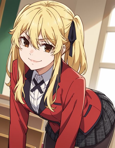 score_9, score_8_up, score_7_up, source_anime, <lora:mary-saotome-s2-ponyxl-lora-nochekaiser:1>, mary saotome, long hair, blonde hair, hair between eyes, twintails, brown eyes, hair ribbon,, skirt, shirt, school uniform, jacket, white shirt, pantyhose, pleated skirt, collared shirt, black pantyhose, blazer, red jacket,, indoors, bent over, smile, smug, looking at viewer, solo,, cowboy shot, dutch angle