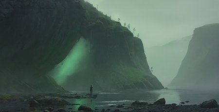 best quality, masterpiece, raw photo, 8k, uhd, cinematicpainting, a norway landscape,sharp cliff,dark green tones,mist,fog    <lora:Cinematic_Painting_XL_V02:1>