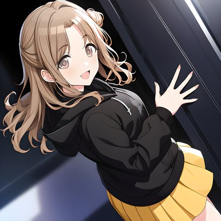 (masterpiece),(best quality),(ultra-detailed),(best illustration),(best shadow),(absurdres),(detailed background),(very aesthetic),
ichikawa_hinana, 1girl, solo, skirt, pleated skirt, hair bun, long hair, brown hair, hood, yellow skirt, hoodie, brown eyes, looking at viewer, single side bun, smile, black background, open mouth, single hair bun, long sleeves, miniskirt, black hoodie, bangs, casualoutfit, blurry background, 
<lora:Ichikawa_Hinana:1>