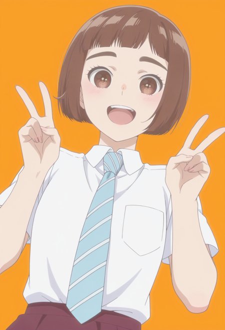anime screencap, anime coloring,  <lora:DX888KazusaIL:1> onodera kazusa, brown eyes, thick eyebrows, brown hair, short hair, bob cut, blunt bangs, BREAK simple background,  orange background,  BREAK school uniforme, white shirt, striped necktie, skirt, BREAK  1girl, cowboy shot, double v, hands up, happy, looking at viewer,  open mouth, solo, teeth, upper teeth only, v,  upper body, from from below, dutch angle,