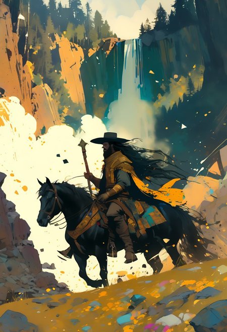 score_9, score_8_up, score_8_up, ((Cinematic composition)),((masterpiece)), (resplendent highlighting), 8k. 
A dwarven cowboy (cowboy hat) on horseback rides by a waterfall. (full body). Horses are drinking from the water. (camera shot from above), deep rich colours, ((full body)) axes are strapped to the horse. (resplendent spotlight on her face). A splash of paint explodes on the floor by the horses.  dynamic electric atmosphere. Sunny day with a few clouds. 
Ink, Charcoal and watercolours. impressionistic. (Klimt :1.2) dadaistic collage (by Bill Sienkiewicz:1.5), strikingly alluring face. brilliant spotlight effect. Vibrant thick dripping paint. Intense detail, realistic, dynamic shadows and contrasts. Matte and faded background colours.surreal, intense colors, liquid, unreal parts, alluring, fluid, perfection, gothic. (Luminous skin dynamically highlighted), Illustration, (klimt:0.8) (Bill Sienkiewicz:1.5). maximum detail, Chinese watercolor and ink technique. Gold leaf highlights.
<lora:xl_more_art-full_v1:0.4> <lora:epi_noiseoffset2:1>3