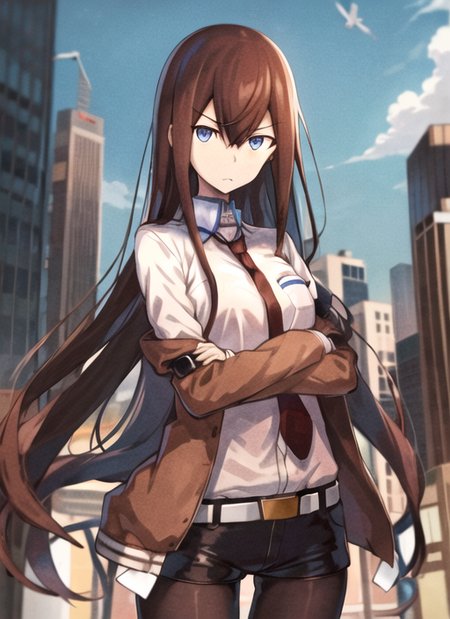 jitome, unamused, skyscraper, long hair,1girl,brown hair,necktie,red necktie,solo,jacket,pantyhose,shorts,blue eyes,black pantyhose,legwear under shorts,black shorts,shirt,belt,looking at viewer,white shirt,collared shirt,kurisu_makise girl,<lora:kurisu_makise01:1>