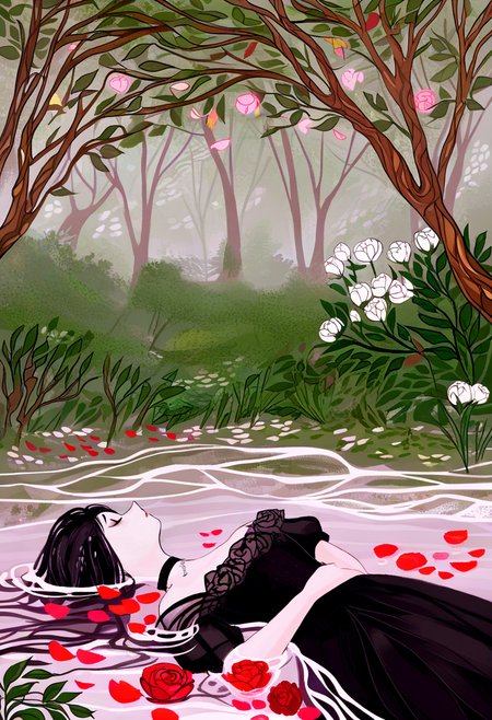 1girl, flower, black hair, solo, dress, water, lying, petals, plant, black dress, partially submerged, rose, choker, on back, tree, nature, leaf <lora:cqtlatteXL_NBVP1_lokr_V6311P:0.95>