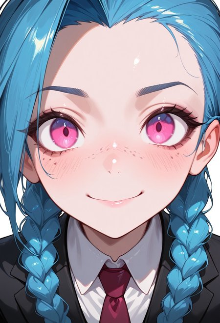 masterpiece, best quality, amazing quality, very aesthetic, absurdres, 1girl, solo, LP_jinx, blue hair, twin braids, pink eyes, tattoo, freckles, flat chest, black suit, formal suit, red tie, white shirt, happy, looking at viewer, portrait, simple background, white background, blush, upper body, centered,