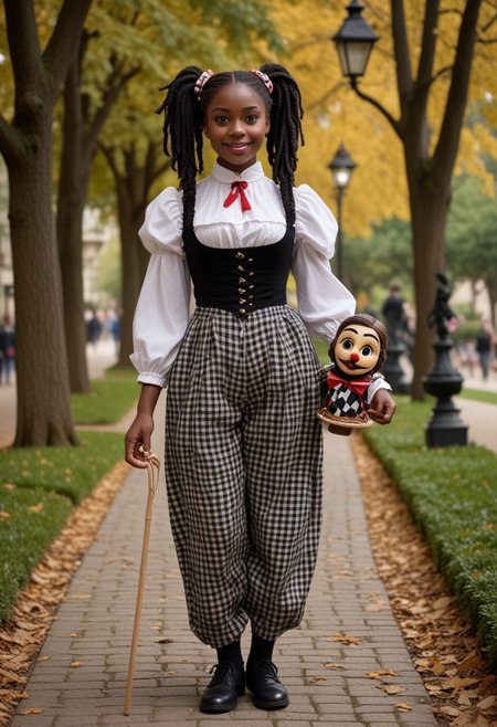 (medium full shot) of (enchanting puppeteer) young woman, black american, dark skin, brown eyes, curvy build, long dark pigtails hair, wearing a black checkered tunic, checkered trousers, brogues, commedia dell'arte mask, decorative cane, carrying a wooden puppet,  set in  a historic park, offering stately trees, vintage fountains, elegant pathways, a timeless ambiance, at night, woman smiling, Masterpiece,best quality, photo, realistic, very aesthetic, detailed face,