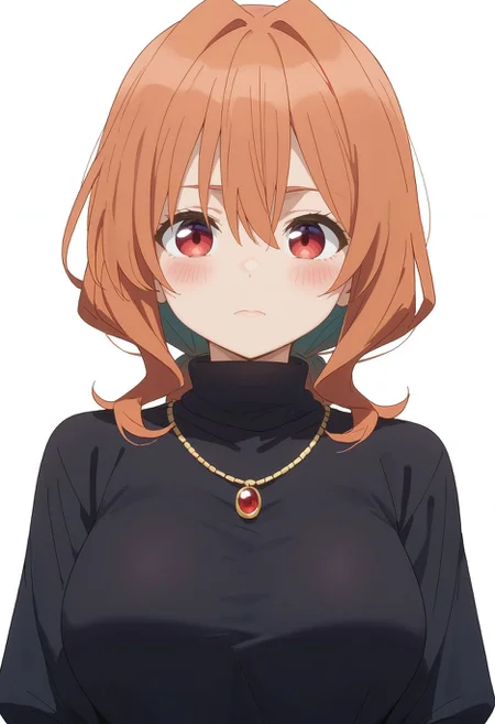 score_9,score_8_up,score_7_up,  <lora:amagami_yuna_pdxl_goofy:1> amagamiYuna, hair between eyes,  hair intakes,medium hair, orange hair,red eyes, 1girl, alternate costume, black shirt, blush, breasts, closed mouth, jewelry, large breasts, necklace, shirt, simple background, solo, turtleneck, turtleneck shirt, upper body, white background