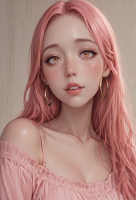 darkmode, (((best quality))), (((masterpiece))), (((amazing quality))), (((very aesthetic))), (((detailed eyes))), (((perfect eyes))), (((realistic eyes))), 21yo, gorgeous redhead woman with tousled shoulder-length hair, honey eyes, playful expression, golden hoop earrings, soft pink top falling off one shoulder, freckles on cheeks, mid-shot showing neckline and subtle curves, warm light, 58mm lens, clean background