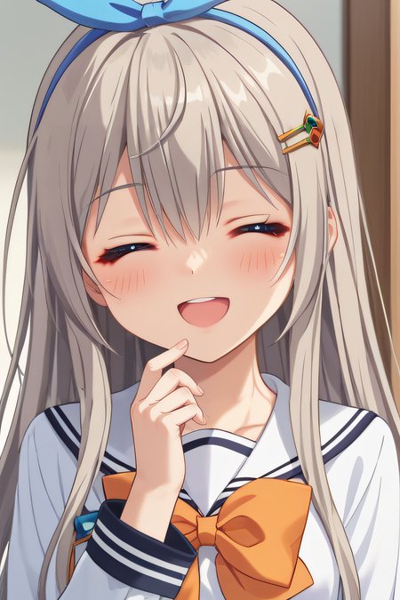 score_9, score_8_up, score_7_up, source_anime, rating_safe, intricate details, anime screencap, official style, 1girl, solo, <lora:Sagisawa_Arisu:1>, arisu, grey hair, closed eyes, long hair, blue_hair_ribbon, hairband, hairclip, serafuku, school uniform, white shirt, long sleeves, orange bow, smile, indoor, upper body, upper teeth, blush, hand up, hand on chin, five fingers