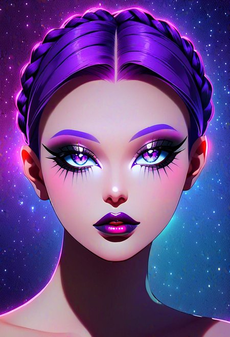 neo noir style portrait of a beautiful woman painted on wall with light, stunning beauty, soft light, pastel colors ,black and purple hair, dark punk, heavy makeup, line art, postmodernism, neo noir,   simple background, glowing lips, lips closed, light smile, masterpiece, natural style,  braided mohawk,, realistic and detailed eyes, beautiful eyes, amazing eyes,kawaii makeup dark makeup, nerd, red glowing lips, bangs,