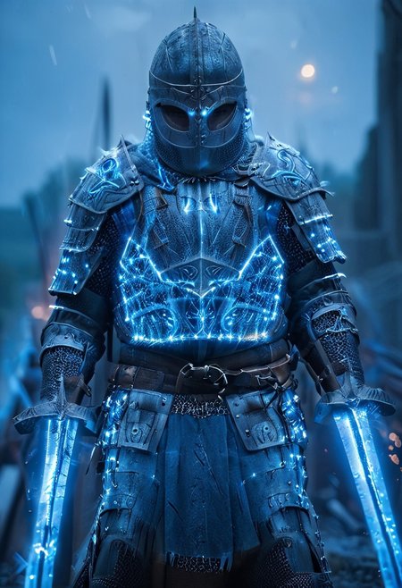 1man, armored Viking warrior in lamellar armor, wearing Viking helmet and lamellar armor, broken glass, reflection, glowing blue lightning, Dual Swords, Viking sword, blue flames, shatter, holding sword, glowing sword, motion blur, emphasis line, outdoor in the darkness, looking at viewer,