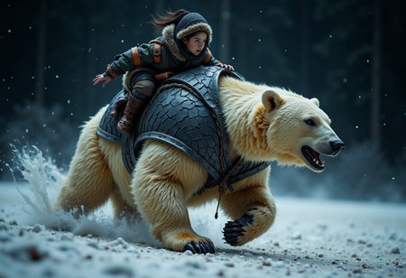 Blurry photo of a young girl riding a huge armored polar bear at midnight. She rides him like a horse, but without reins or saddle, instead clutching tightly to his fur. The camera's flash provides the only light, and we cannot see more than a few meters in the dark.
The girl is an inuit, pale but rosy cheeked. She is short and wiry, dressed in ancient leathers. She has dark hair beneath the fur-lined hood. Her clothes are dark leather, dirty and stained. She is looking away from the camera, at something out of shot, and there is an expression of steely determination on her face. She is riding hard, clinging on tightly, her head slightly down, braced against the wind.
The bear is enormous, dwarfing the child on his back. He wears sharp metal plates strapped separately to his head and chest. The plates are individual pieces, each an angular charcoal-black sheet of metal. The armour is cracked and dented from battle. The bear's fur is creamy white, visible in the gaps between the plates. His fur is ((long)), thick and shaggy, matted and yellowing with dirt.  The bear is ((charging)) in the direction the girl is looking. He has turned his head to look at the camera. The bear is roaring fiercely, blood stains his fur and drips from his mouth.
It is a misty night and very very dark. The sky is black withou. There is thick snow on the ground but it is not snowing. The bear's feet sink into the snow and kick it up behind him as he runs.
aidmaimageupgrader