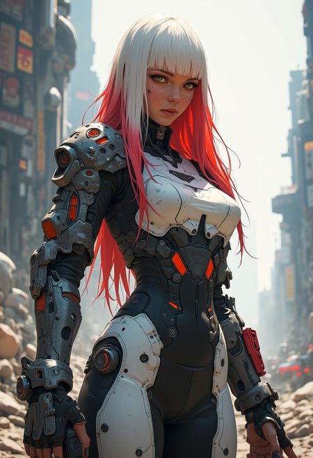 great lighting, intricate detail, beautiful, stunning space marine, two-tone hair, long white hair with red streaks, bangs, skin-tight metallic body armor with dark red accents, in alien city ruins, High Detail, Perfect Composition, movie scenes, highly detailed. Photorealistic rendering, dramatic lighting, sharp contrast