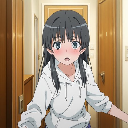 nsfw, masterpiece, best quality, amazing quality,1girl, solo, index_railgun_saten_ruiko, long hair, black hair, hoodie, hood, open mouth, looking at viewer, door, white hoodie, opening door, anime coloring, blush, indoors, hood down, bangs,<lora:Saten_Ruiko_-_Index_Railgun:0.7>