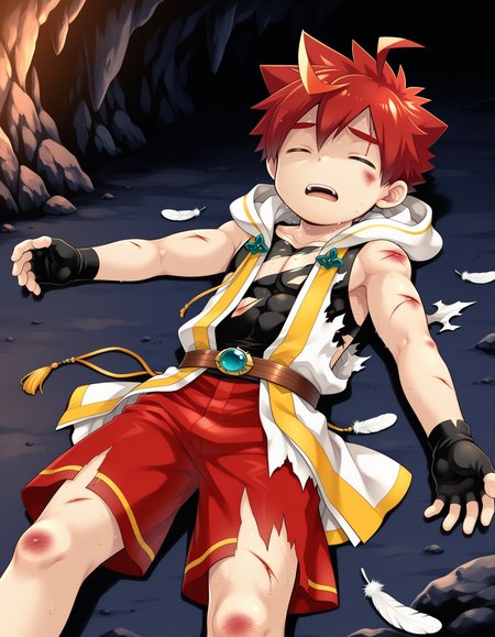 masterpiece,best quality,amazing quality
BREAK
izumi,solo,1 boy,tilt head,(exhausted:1.2),closed eyes,Bruised body ,pain,,(injury:1.5),lying,open mouth,(torn clothes:1.2),sweat,,open hand,spread arms,ahoge, male focus, multicolored hair, red hair, shorts, sleeveless, black gloves, hood, fingerless gloves,, feathers, red shorts,cave
BREAK
<lora:izumi_ill_hassaku_896_1152_v1:1>