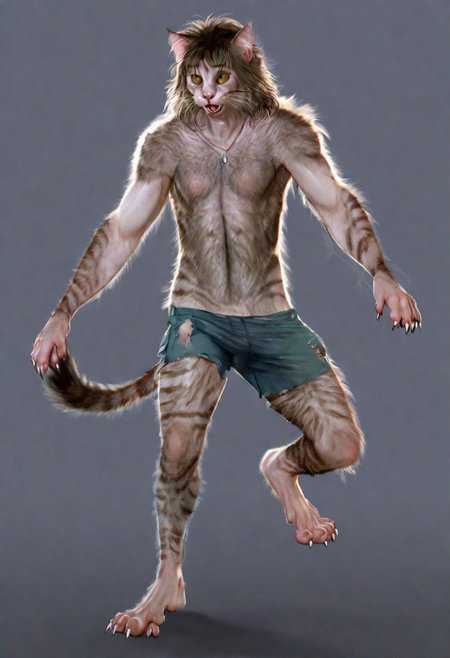 .1man,24 years old,(brown hair,long hair,wavy hair,layered hair),handsome,(transformation,species transformation:0.8) into (cat),feral transformation,confused,(realistic),full body shot,body horror,cat feet,human hands,man morphing into tabby cat,embarrassed,(realistic fur, hairy fur, wiry hair over body, (thick fur over body), detailed fur texture),claws,paws,human eyes,cat pupils,