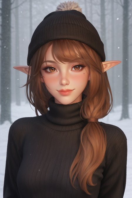 score_9, score_8_up, score_7_up, score_6_up, ((sketch)), 
1 female, solo, portrait, looking at viewer,
elwyn, elf ears, brown hair, brown eyes, hair over one shoulder, 
thin, petite, lips, cute, black sweater, long sleeves, turtleneck, snow, forest, narrowed eyes, black beanie, smile, blush, happy
<lora:Elwyn:0.6>